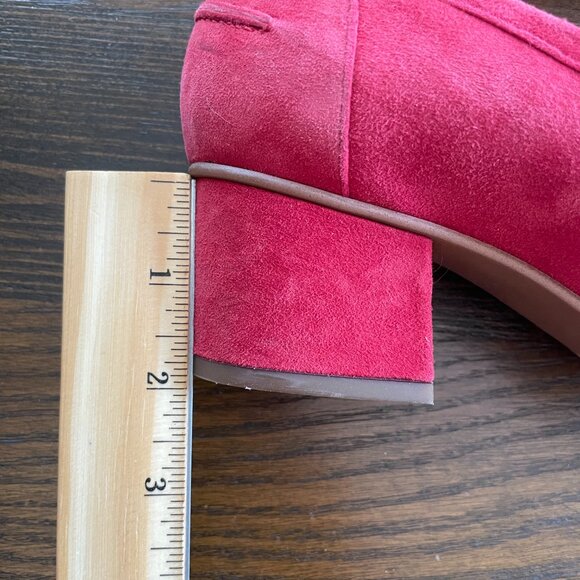 Like NEW Franco Sarto Red Fringe Suede Leather Block Heels Loafers - Picture 5 of 10